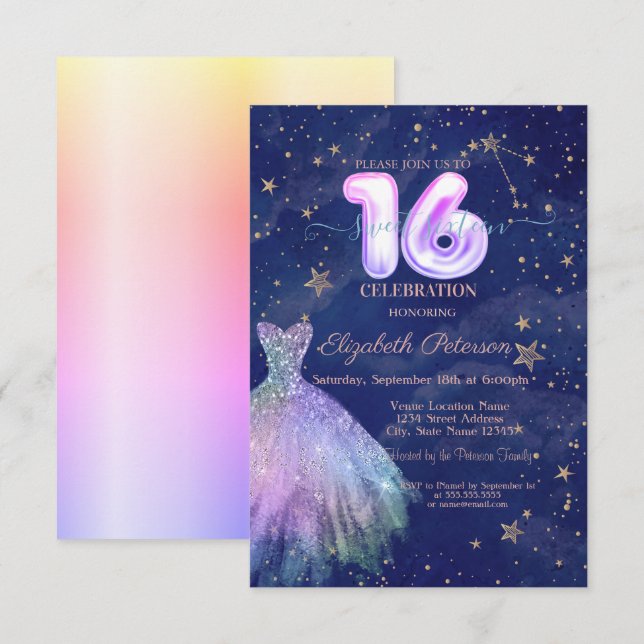 Trendy Dress Stars Navy Blue Holographic Sweet 16 Invitation (Front/Back)