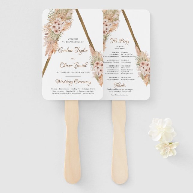 Trendy Dried Palm Pampas Grass Wooden Arch Program Hand Fan (Front and Back)