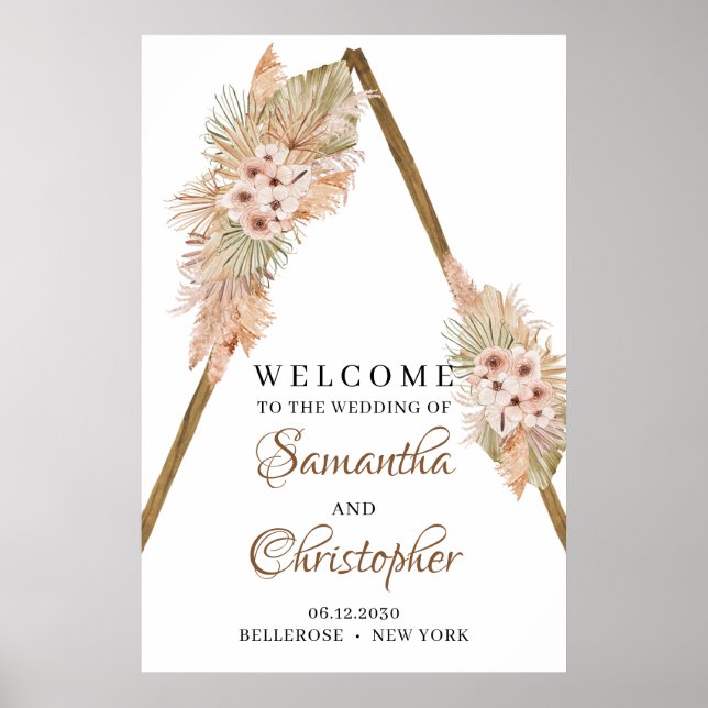 Trendy Dried Palm Pampas Grass Wooden Arch Welcome Poster (Front)