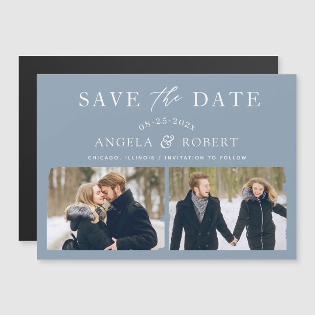 Trendy Dusty Blue 2 Photo Save the Date Magnet (Front/Back)