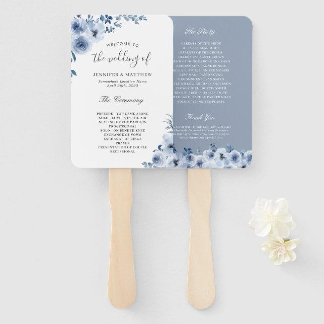 Trendy Dusty Blue Bohemian Floral Wedding Program Hand Fan (Front and Back)