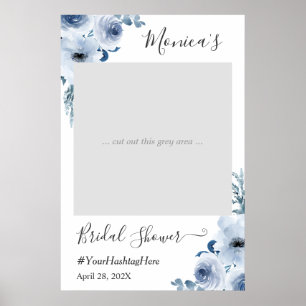 Trendy Dusty Blue Floral Bridal Shower Photo Booth Poster