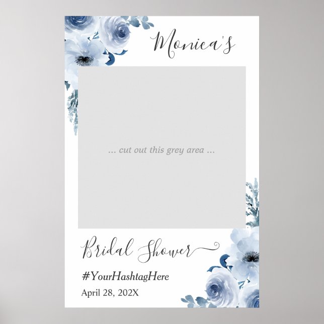 Trendy Dusty Blue Floral Bridal Shower Photo Booth Poster (Front)