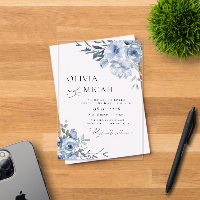 trendy dusty blue floral wedding acrylic invitations (Insitu (Invitation Card))