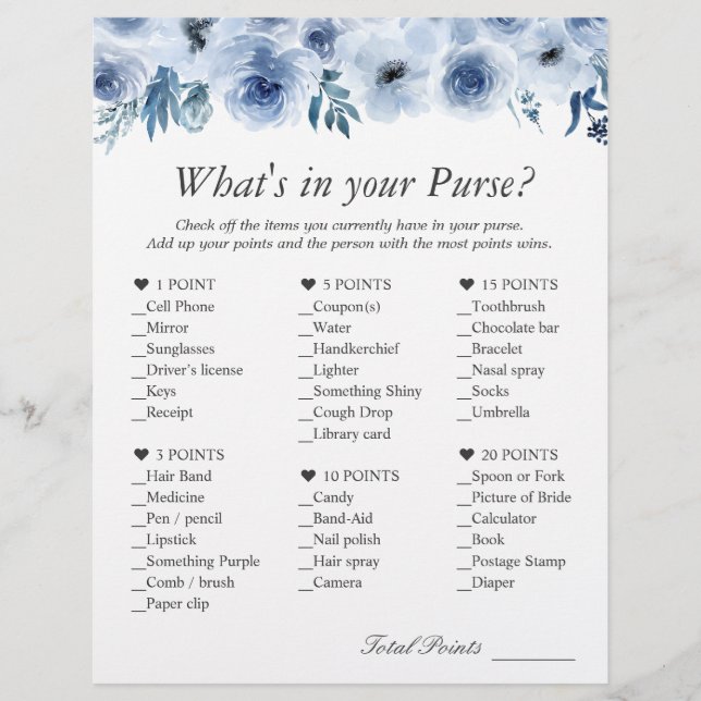 Trendy Dusty Blue Floral What's In Your Purse Game Flyer (Front)