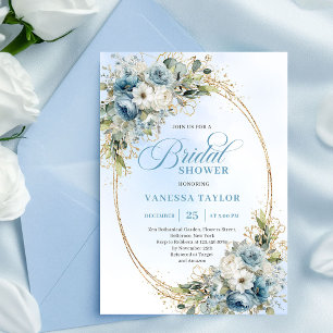 Trendy Dusty Blue Flowers Eucalyptus Bridal Shower Invitation