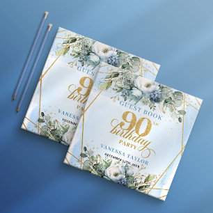 Trendy Dusty Blue Flowers Glitter Frame 90th  Guest Book