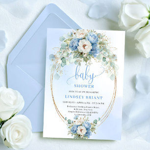 Trendy Dusty Blue Flowers Gold Baby Shower Card