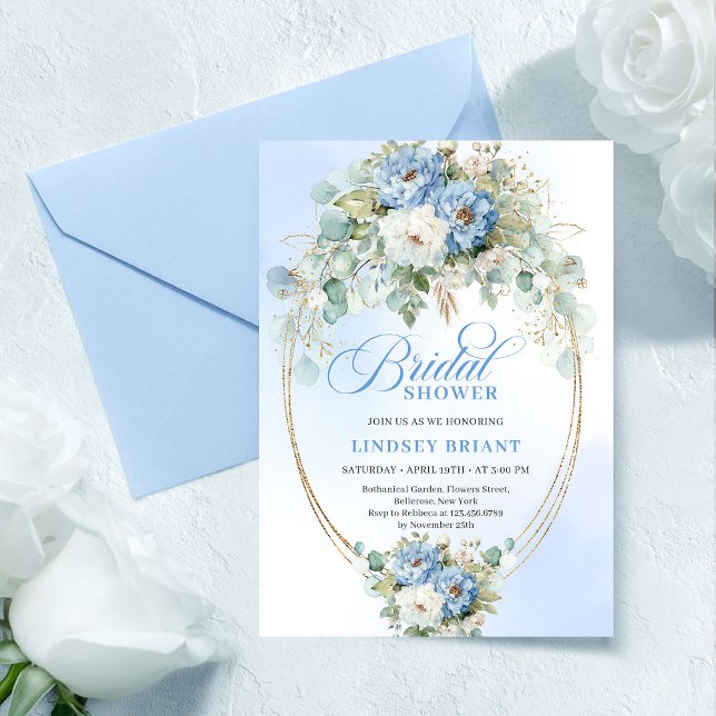 Trendy Dusty Blue Flowers Gold Bridal Shower Card (Trendy Dusty Blue Flowers Gold Bridal Shower Card

)