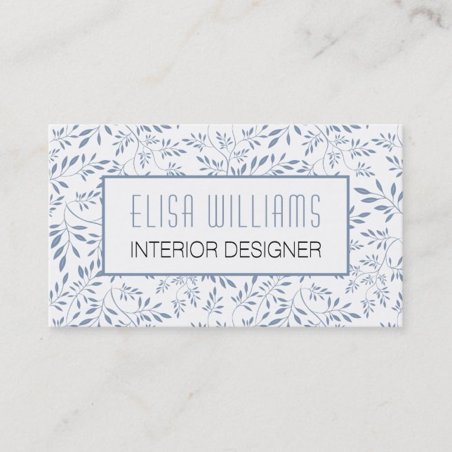 Trendy dusty blue leaves floral pattern and frame business card (Front)