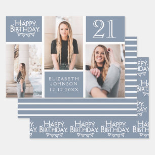 Trendy Dusty Blue Photo Collage 21st Birthday  Wrapping Paper Sheet