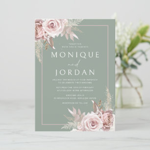 Trendy Dusty Rose Blush & Sage Wedding Invitation