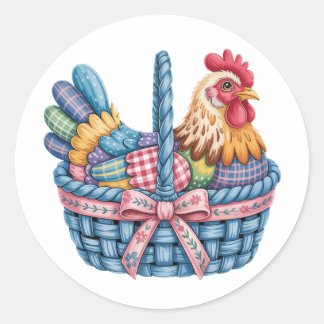 Trendy Easter Chicken Hen Patchwork PNG, Floral Re Classic Round Sticker