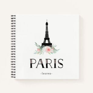 Trendy Eiffel Tower and Blush Pink Flowers   Paris Notebook