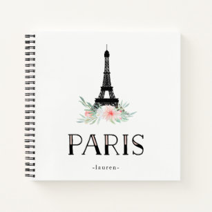 Trendy Eiffel Tower and Blush Pink Flowers   Paris Notebook