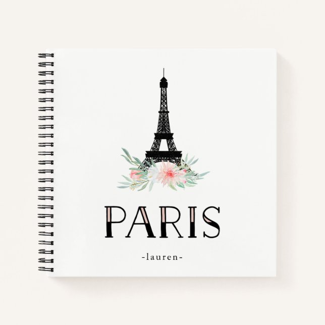 Trendy Eiffel Tower and Blush Pink Flowers | Paris Notebook (Front)