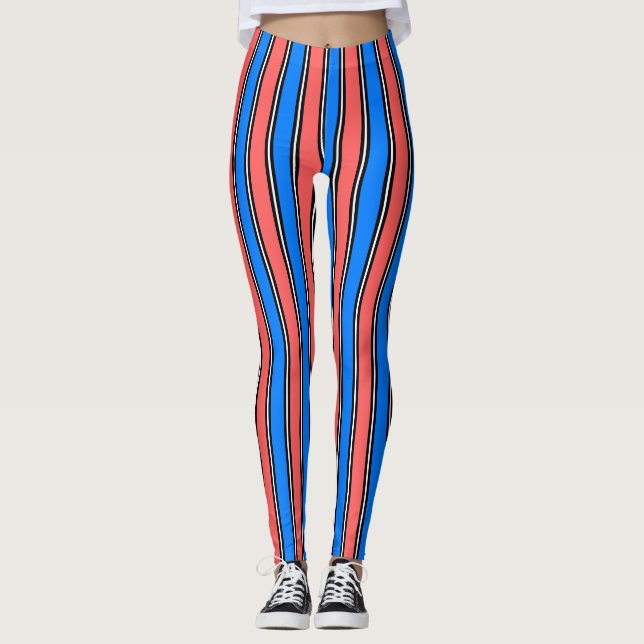  Trendy Electric Blue And Coral Vertical Striped Leggings (Front)