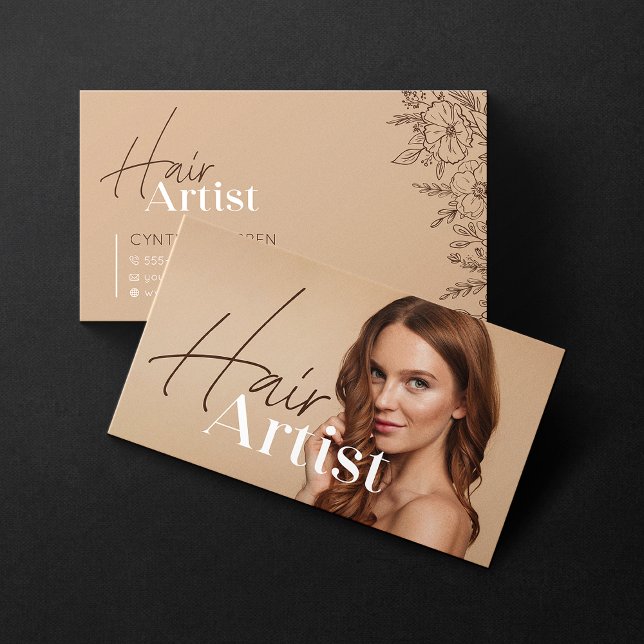Trendy Elegant Biege Hairstylist Photo Script Business Card (Creator Uploaded)
