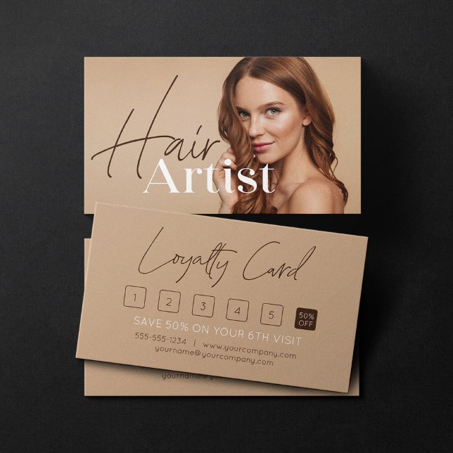 Trendy Elegant Biege Hairstylist Photo Script Loyalty Card (Creator Uploaded)