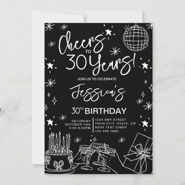 Trendy Elegant Black & White 30th Birthday Invitation (Front)