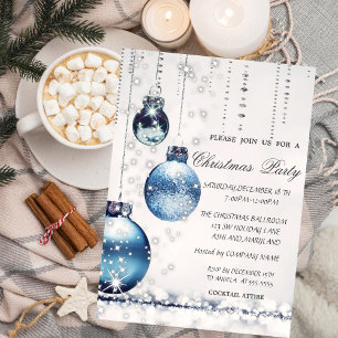 Trendy Elegant Blue Christmas Balls Party Invitation