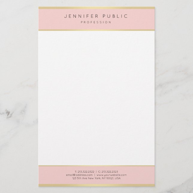 Trendy Elegant Blush Pink Gold Template Modern Stationery (Front)