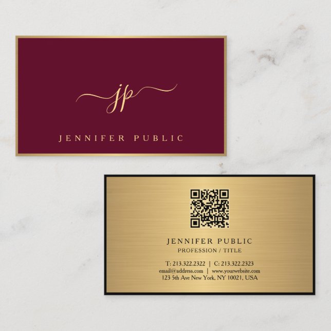 Trendy Elegant Calligraphy Script Bordeaux & Gold Business Card (Front/Back)