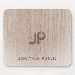 Trendy Elegant Distressed Text Monogram Wood Look Mouse Mat