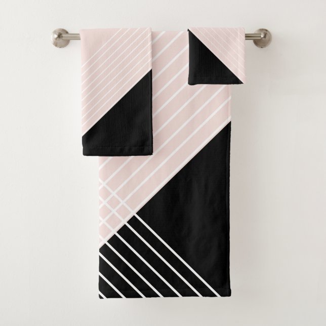 Trendy Elegant Geometric Chic On Blush And Black Bath Towel Set (Insitu)