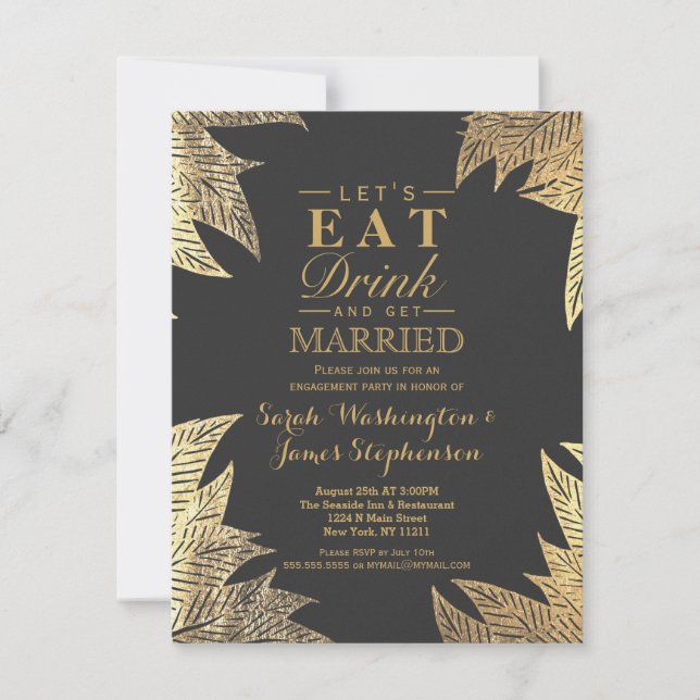 Trendy Elegant Gold Faux Drawn Leaf Pattern Invitation (Front)