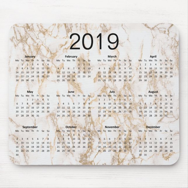 Trendy Elegant Gold Marble 2019 Calendar Mouse Mat (Front)