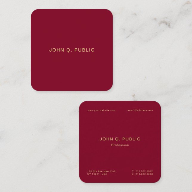 Trendy Elegant Gold Text Burgundy Red Luxury Silk Square Business Card (Front/Back)