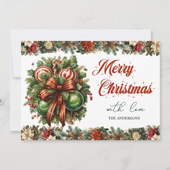 Trendy elegant green holly & Christmas decoration Holiday Card (Front)