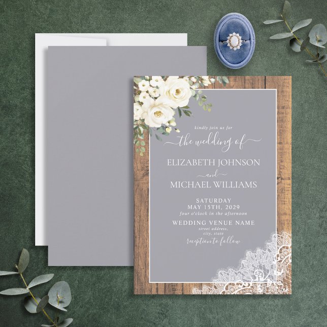 Trendy Elegant Grey Rustic Wood Script Wedding Inv Invitation (Creator Uploaded)