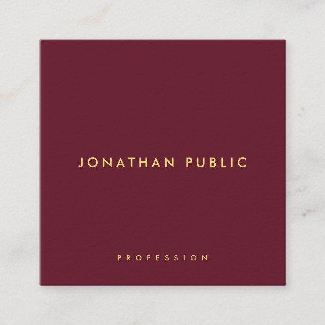 Trendy Elegant Minimal Template Gold Text Burgundy Square Business Card (Front)