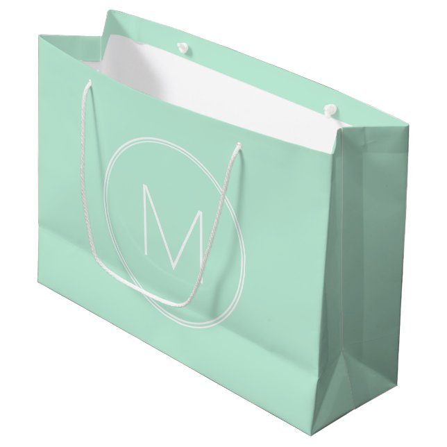Trendy Elegant Mint Green Colour Monogram Modern Large Gift Bag (Front Angled)