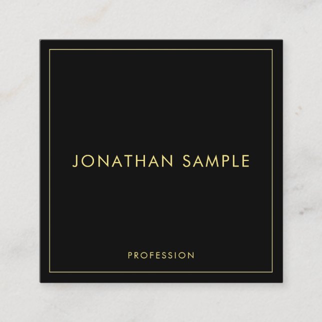 Trendy Elegant Modern Faux Gold Text Black Custom Square Business Card (Front)