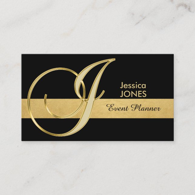 Trendy Elegant Monogrammed Gold Black Initial 'J' Business Card (Front)