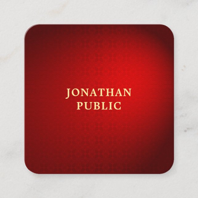 Trendy Elegant Red Damask Gold Text Name Modern Square Business Card (Front)