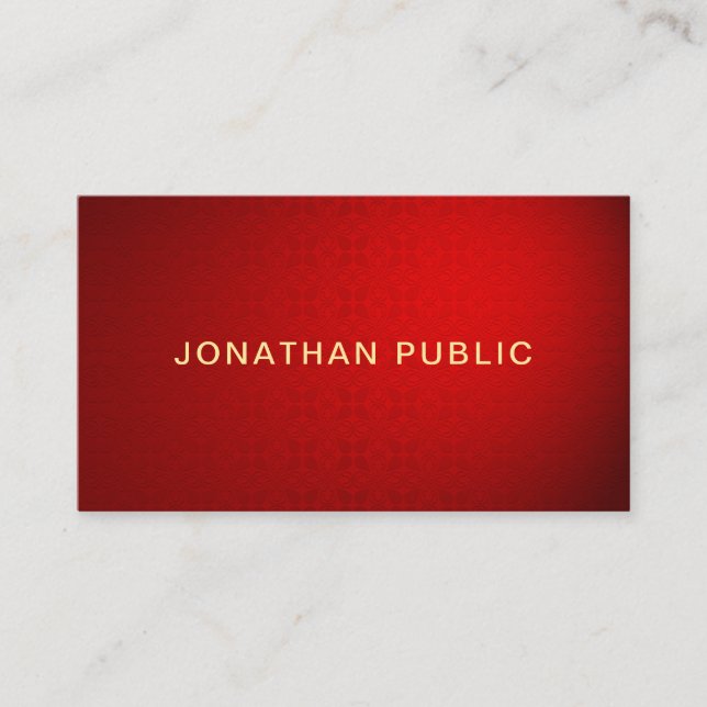 Trendy Elegant Red Damask Gold Text Professional Business Card (Front)