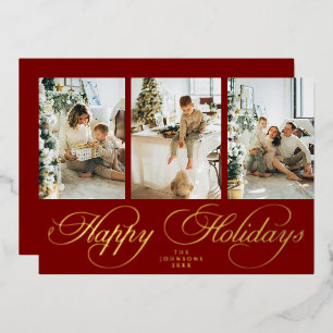 Trendy Elegant Script 3 Photo Collage Christmas Foil Holiday Card
