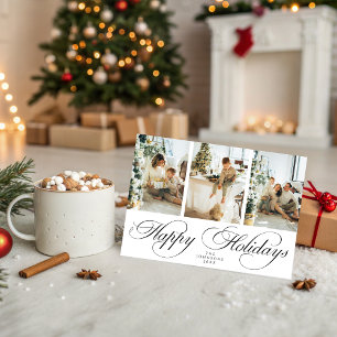 Trendy Elegant Script 3 Photo Collage Christmas Holiday Card