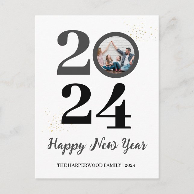 Trendy Elegant Script Happy New Year One Photo Holiday Postcard (Front)