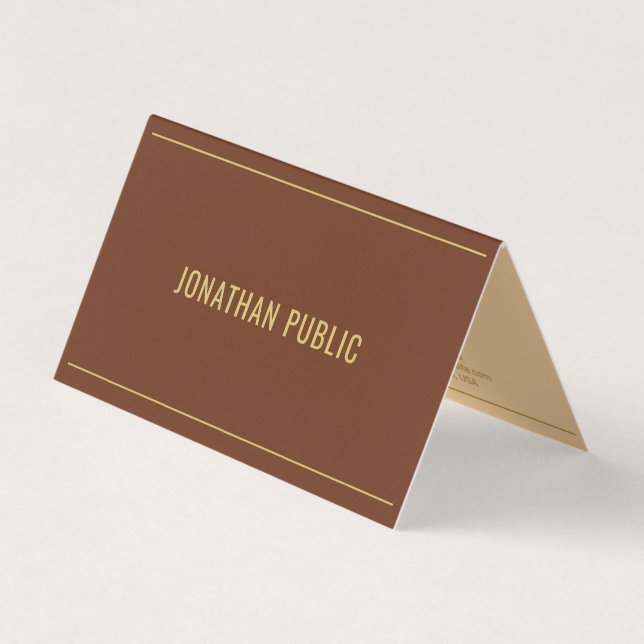 Trendy Elegant Template Folded Gold Text Brown Business Card (Front)