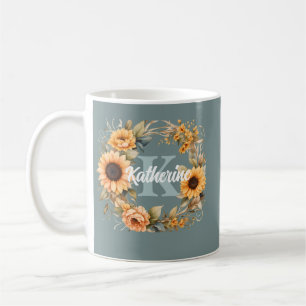 Trendy Elegant Watercolor Flowers Monogram Coffee Mug