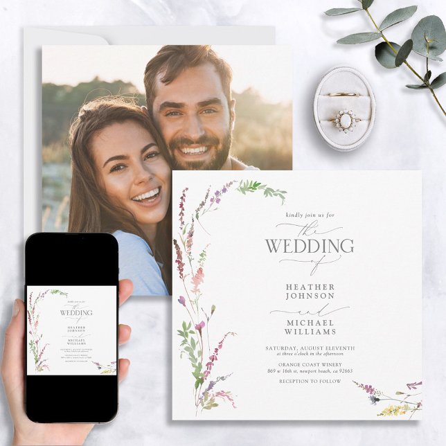 Trendy Elegant Wildflower Floral Photo Wedding Inv Invitation (Creator Uploaded)