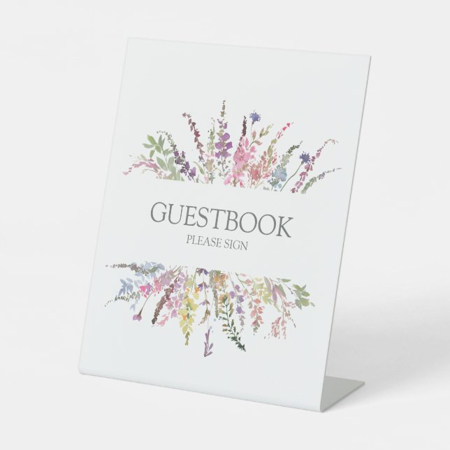 Trendy Elegant Wildflower Floral Wedding Guestbook Pedestal Sign (Front)