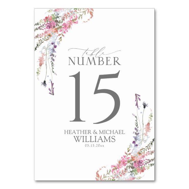 Trendy Elegant Wildflower Floral Wedding Table Number (Front)