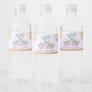 Trendy Elephant Baby Shower Purple Gold Floral Water Bottle Label