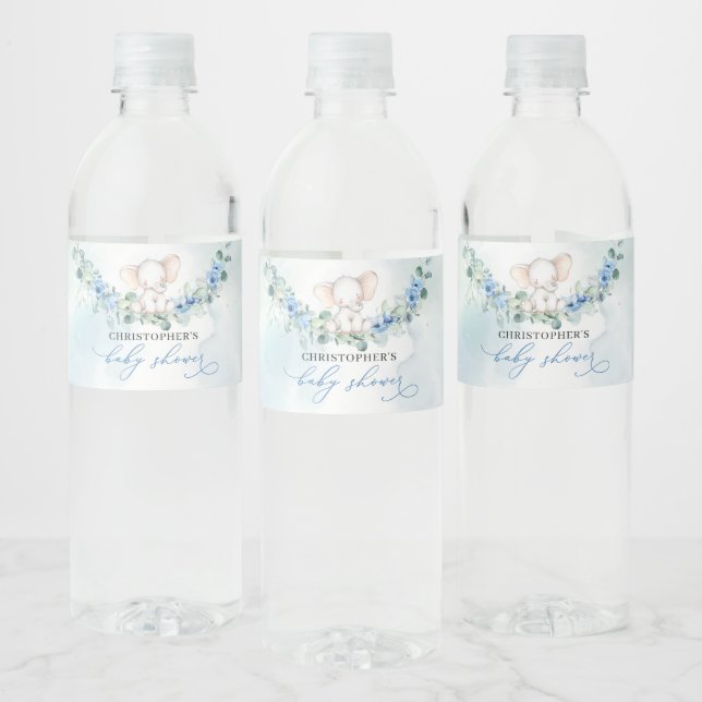 Trendy elephant blue floral eucalyptus baby shower water bottle label (Bottles)